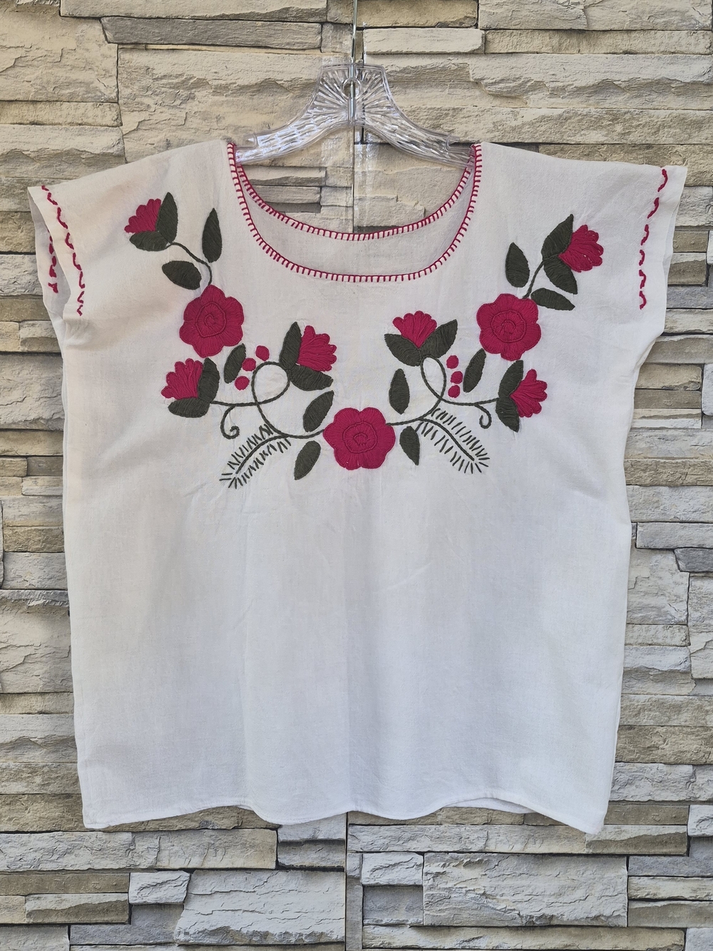 ​Boho Chic Shirt Women's Large White Red Floral Embroidered Artisanal Peasant